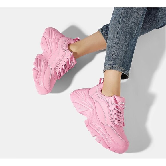Brand New Women Pink Rubber LUCKY STEP Chunky Platform Dad Walking Sneaker - Picture 9 of 9